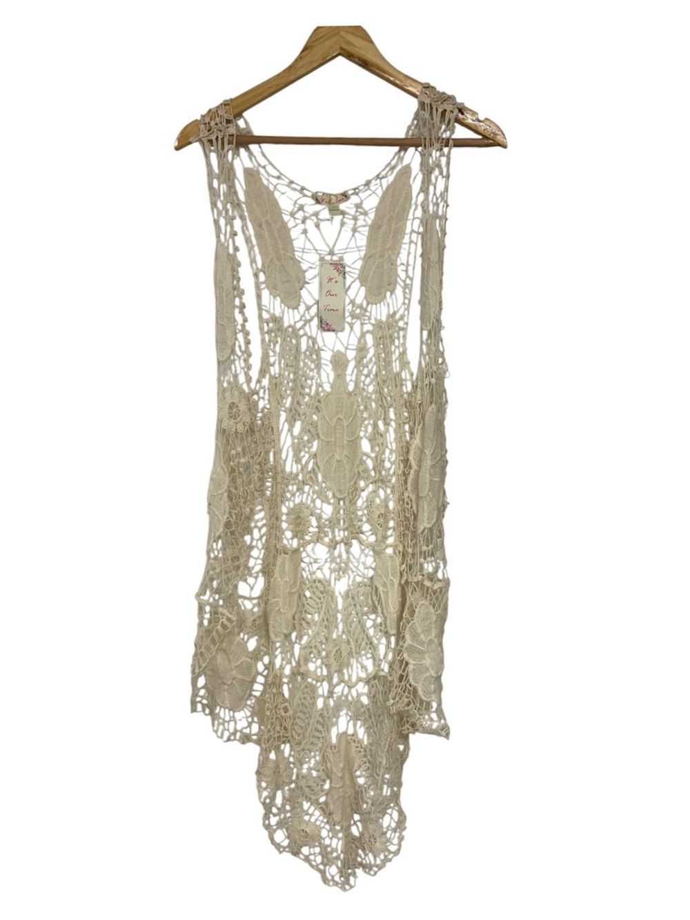 It's Our Time Crochet Openwork Duster Tunic  Vest Cream Large